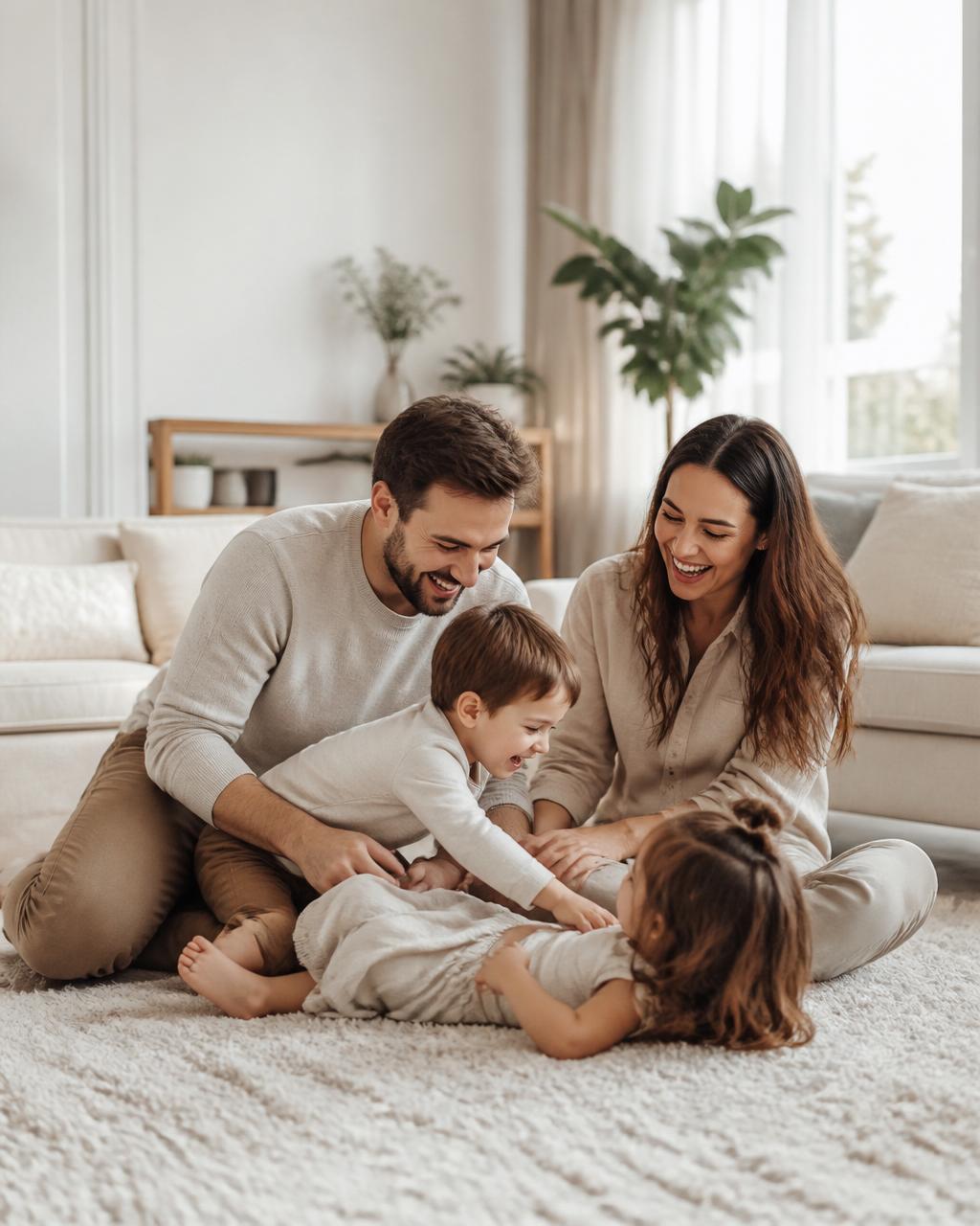 A family enjoying time together in a bright, warm home