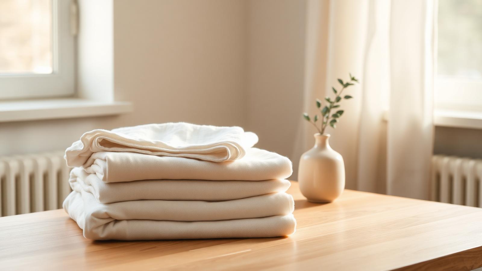 Softly folded linens on a warm oak table beside a small ceramic vase